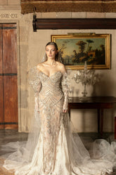 Luxury Silver Mermaid Strapless Lace Off-The-Shoulder Beaded Long Sleeves Wedding Dress With Pearls